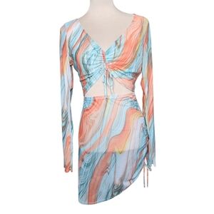 Y2K Annes Apparel Psychedelic Marble Mesh Ruched 2-Piece Set Large Made in USA